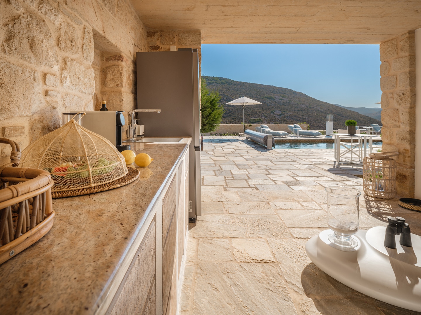 Stone terrace with panoramic views at Patmos luxury hideaway