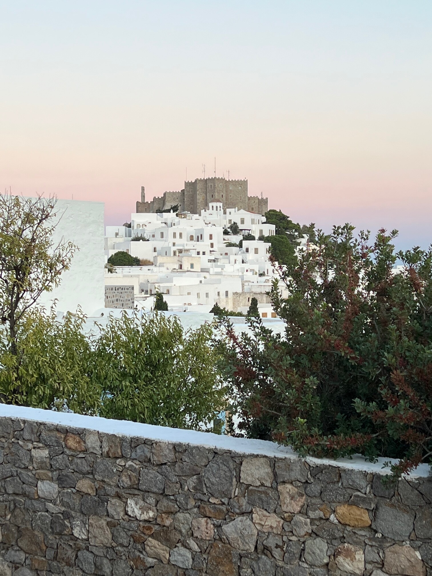 View of Chora village and Monastery on the hill in Patmos Greece