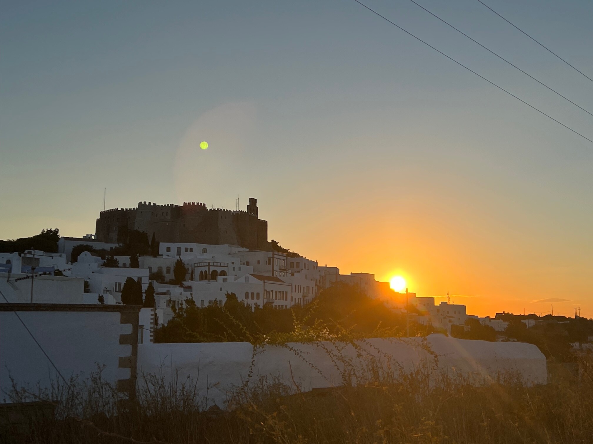 Sunset over Chora and Monastery of St. John the Theologian in Patmos