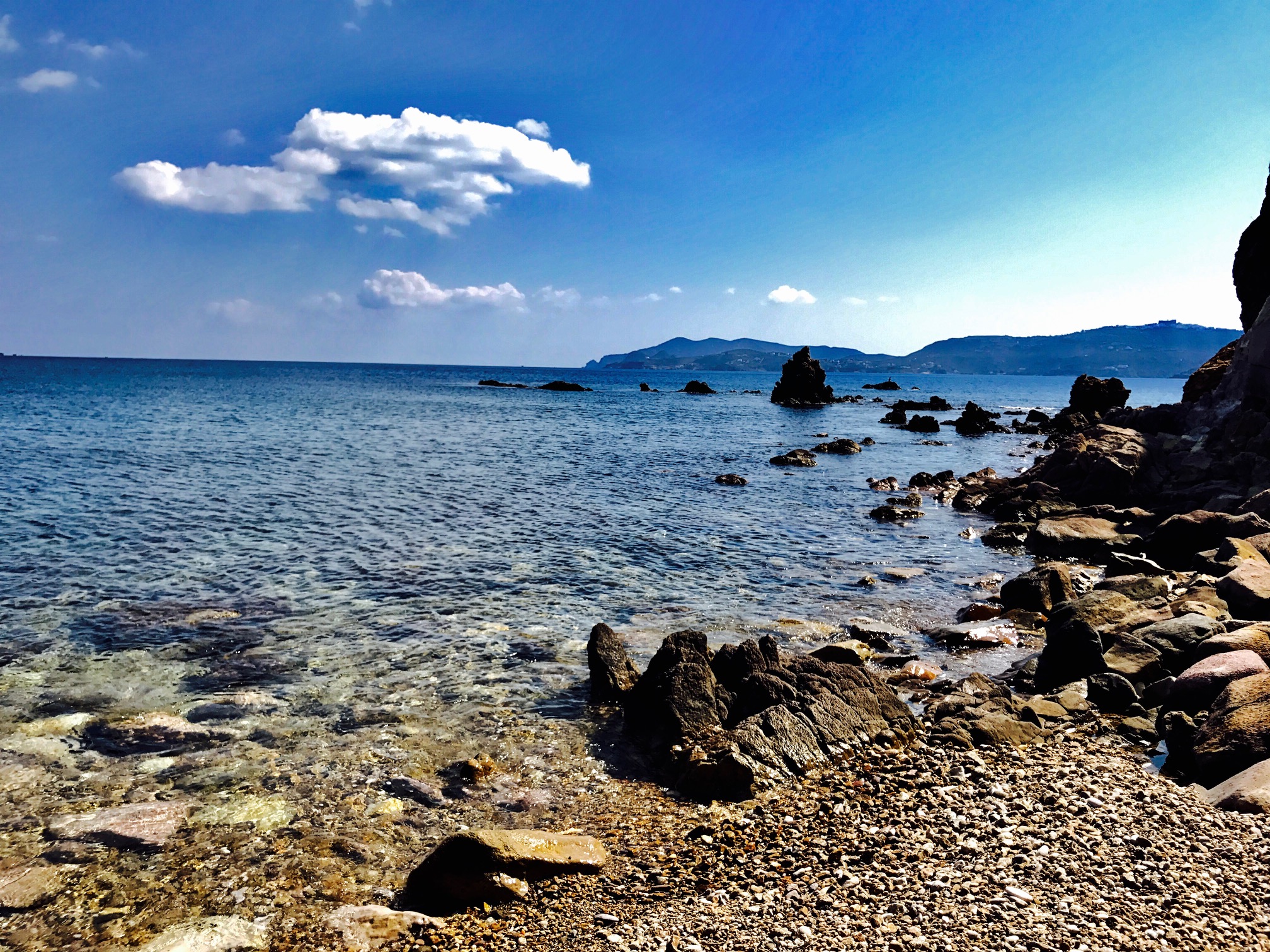 Rocky shoreline and crystal-clear sea at Patmos island beach