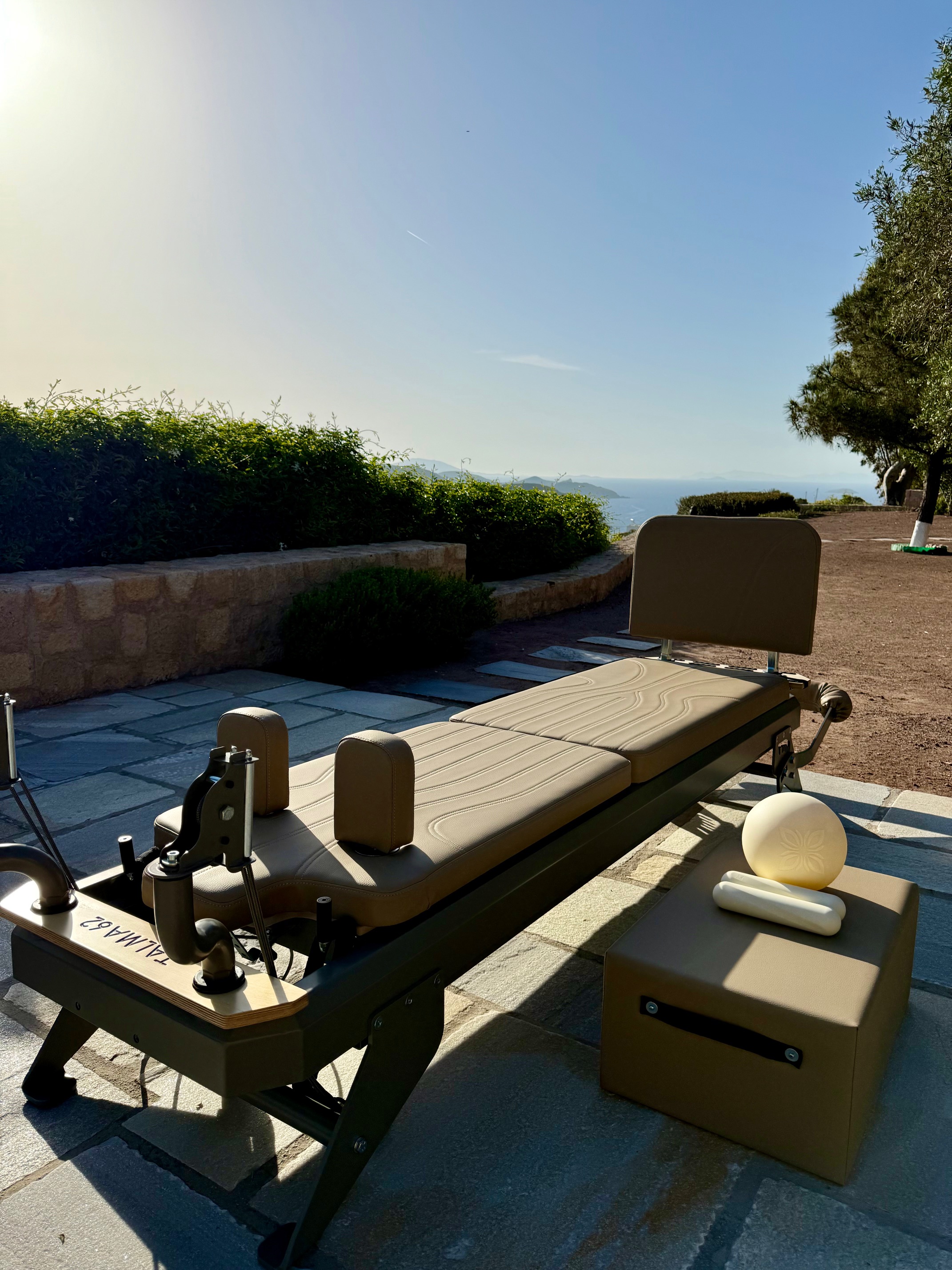 Terrace with Pilates equipment and Aegean mountain views in Patmos